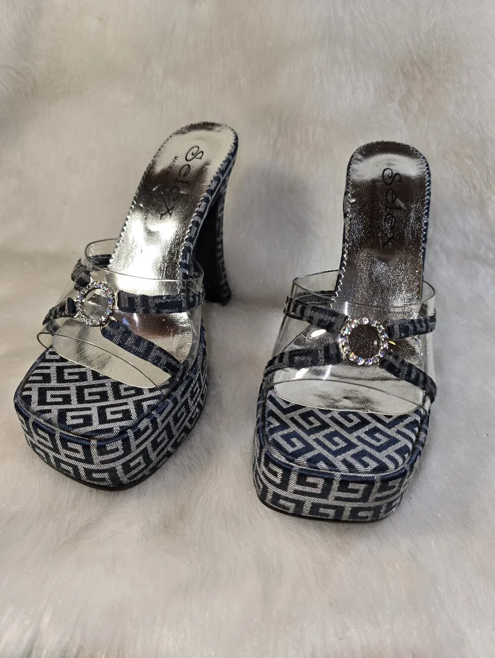Selex Womens Navy & Siver Platform Mule Slide Sandals